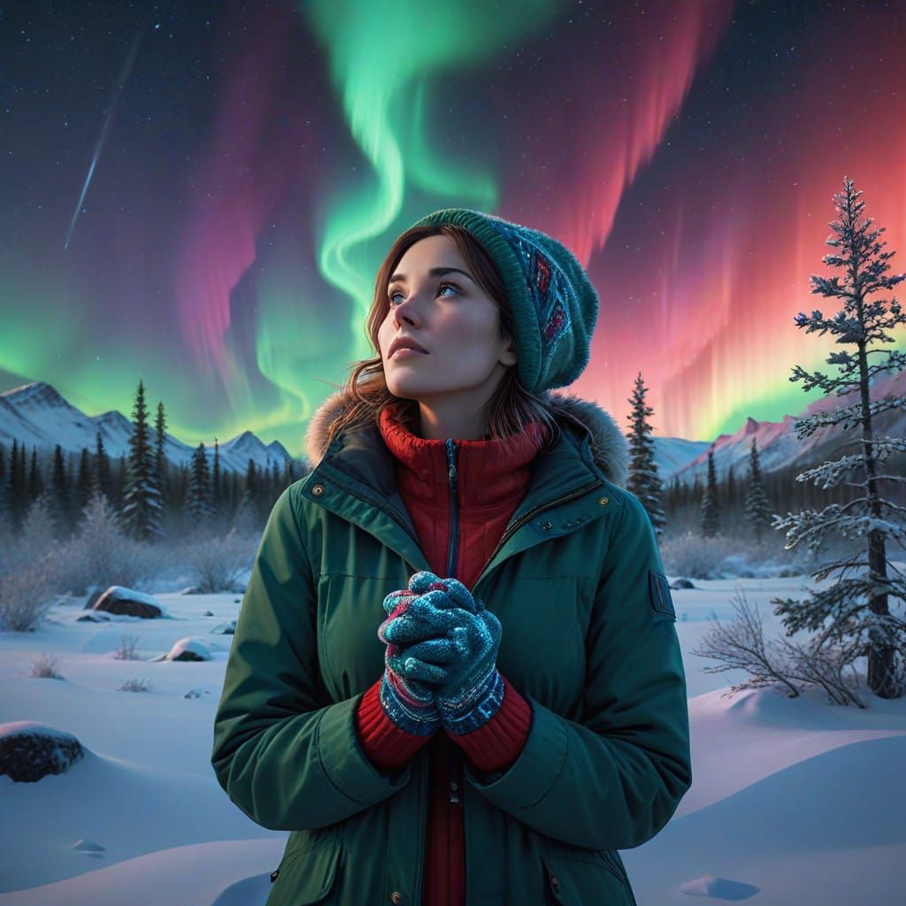 Northern Lights Dance Across Snowy Landscape in Vibrant Colo...