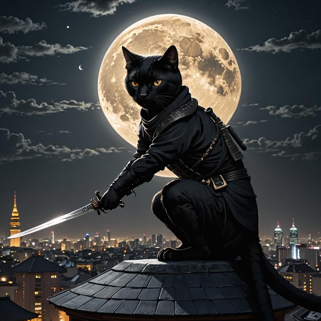 Ninja Cat on Rooftop Under the Moon