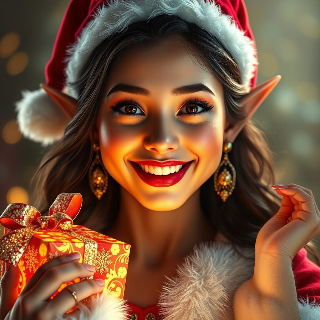 Regal Latina Elf Princess in Vibrant Santa Attire