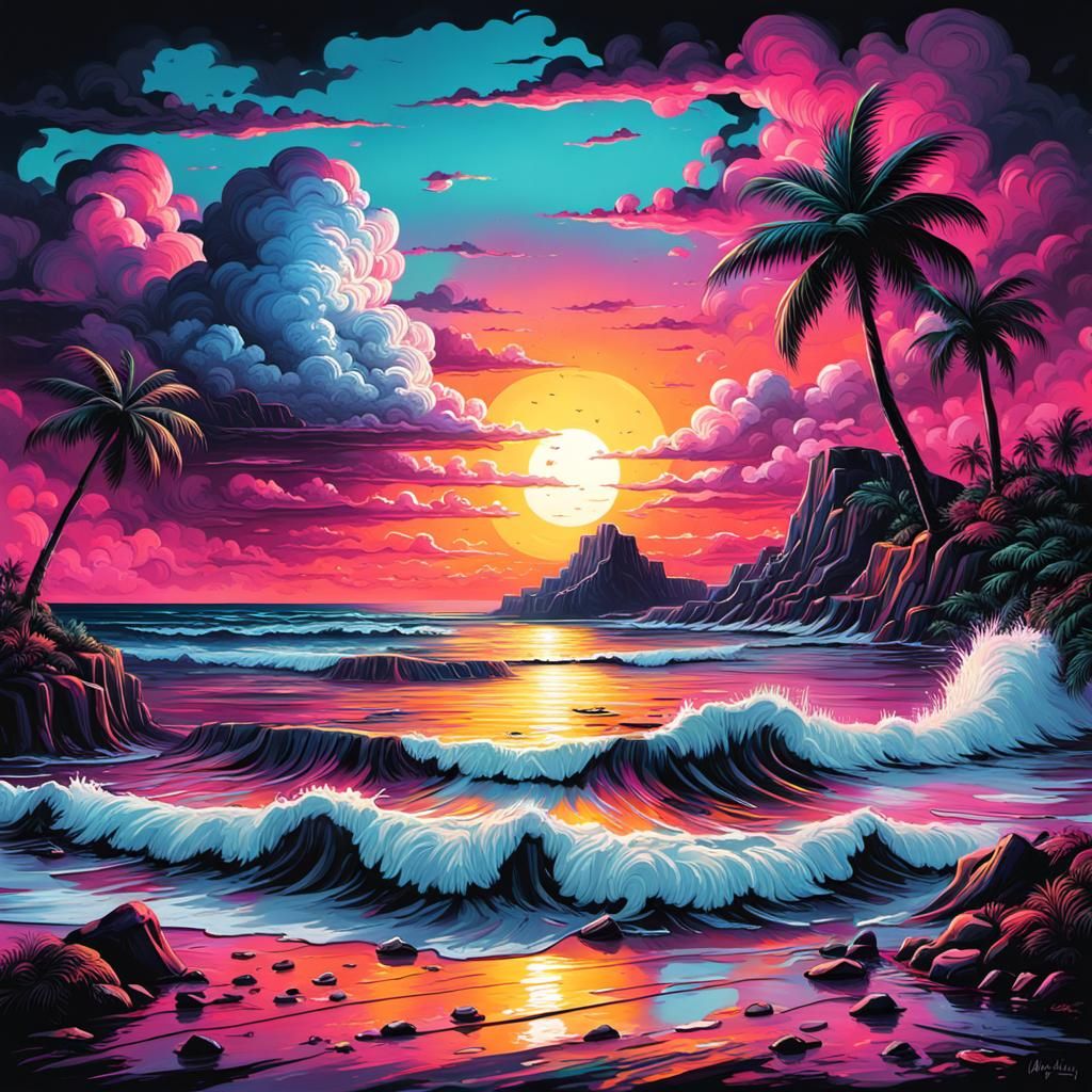 Vaporwave Sunset Beach Graffiti Art