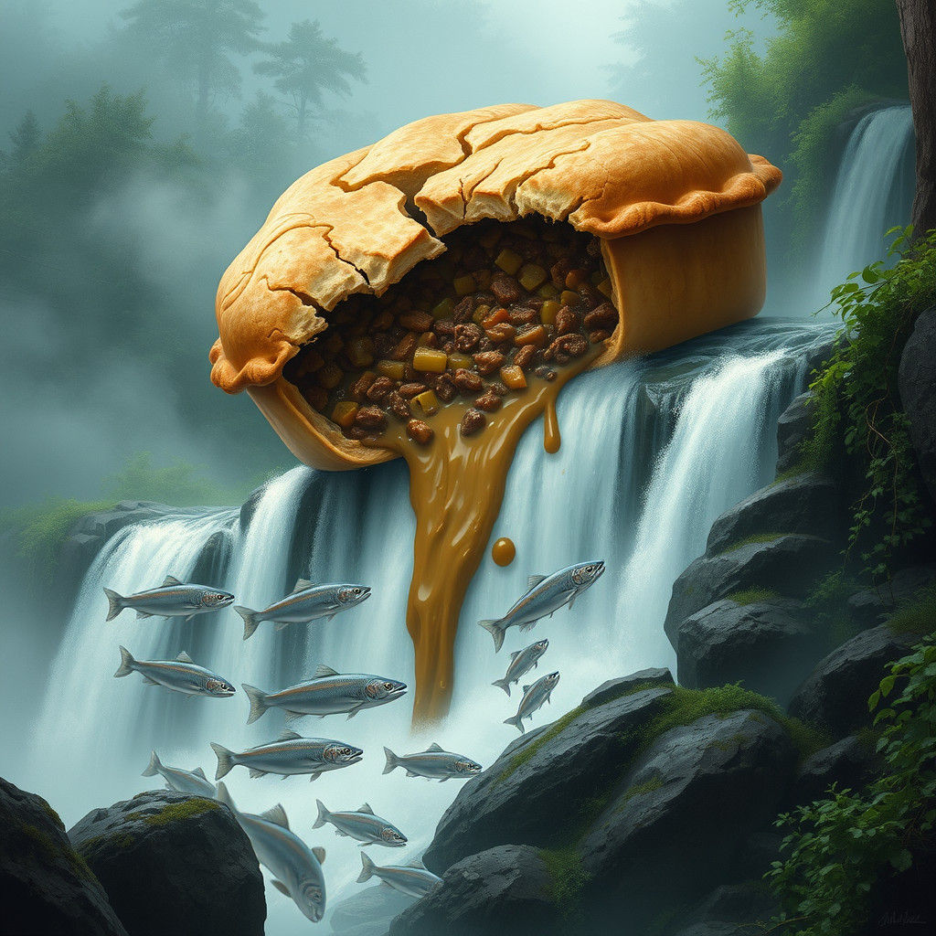 Meat Pie Waterfall with Leaping Salmon