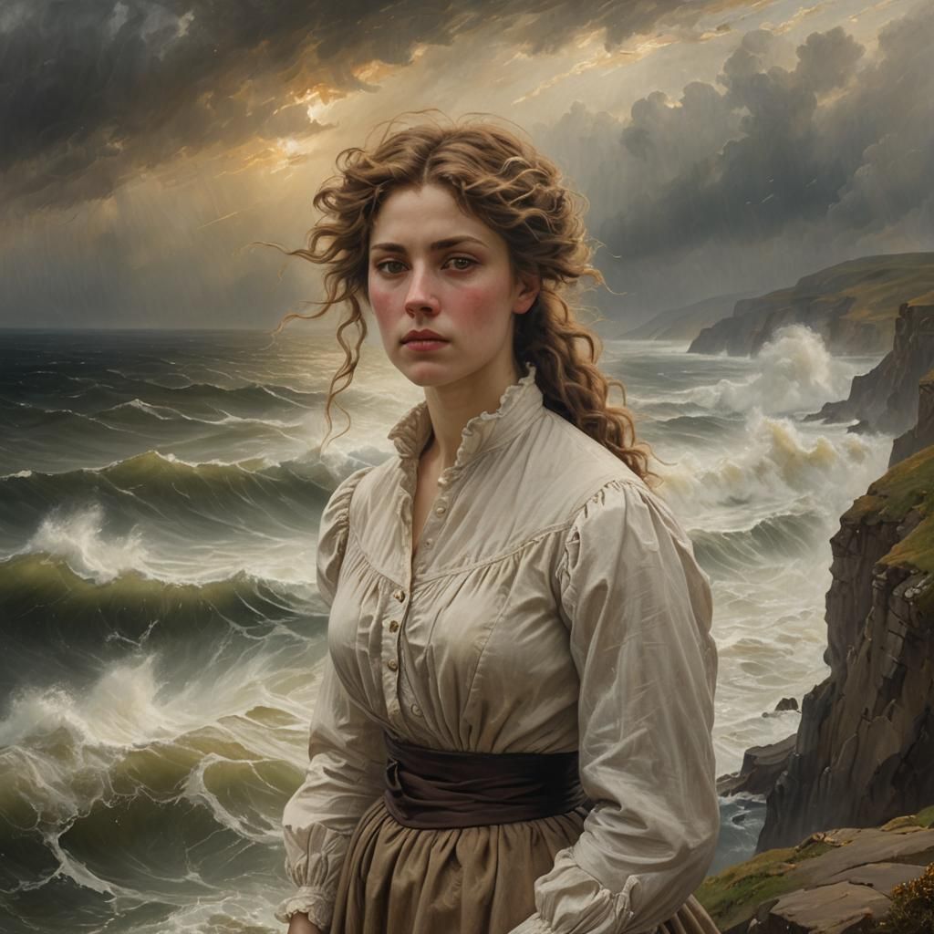 Woman on Cliff Overlooking Stormy Sea Painting
