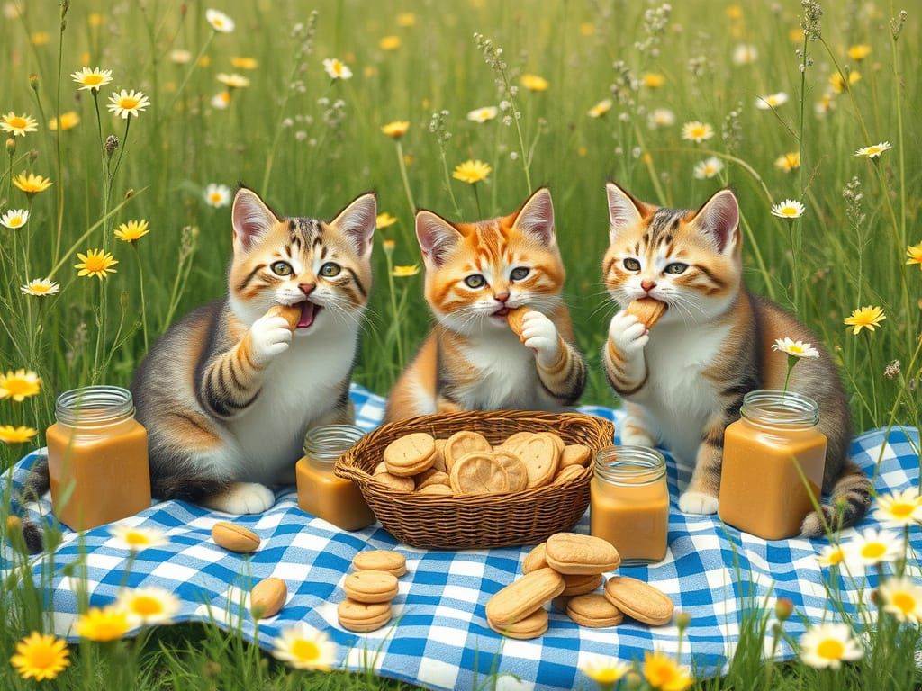 Cats' Peanut Butter Picnic in Lush Meadow
