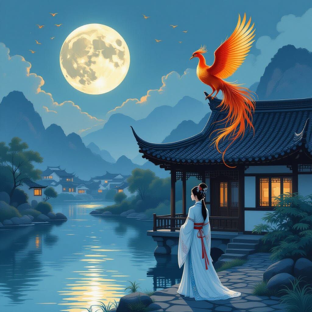 Hanfu Girl, Phoenix, and Moonlit River in Chinese Style