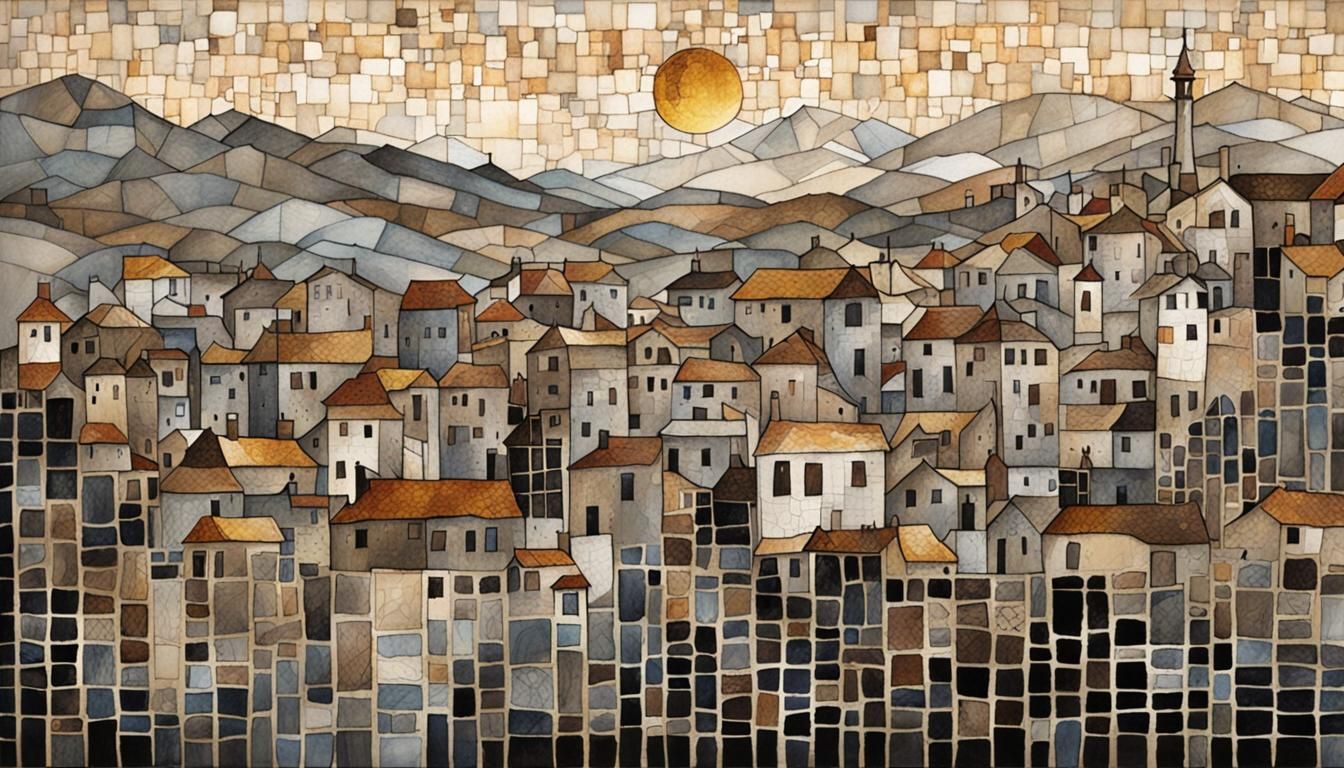 Cityscape in Cosmati Mosaic Style with Kintsugi