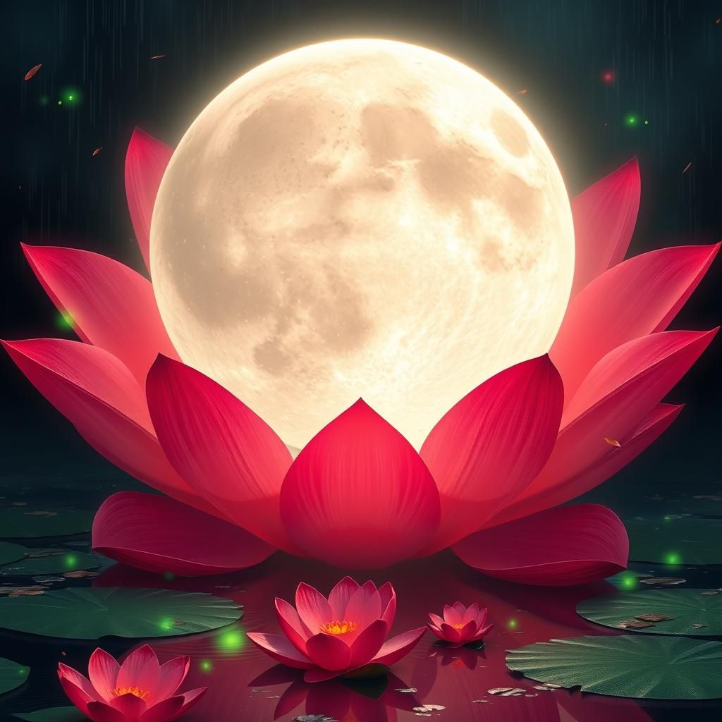 Luminous Lotus Flower Reflecting Moonlight, Digital Art