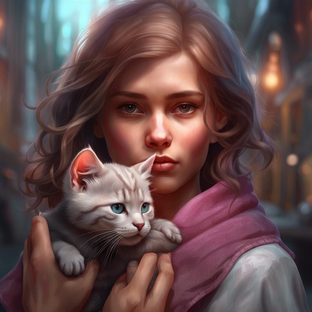 Girl with Kitten Portrait in Art Nouveau Style