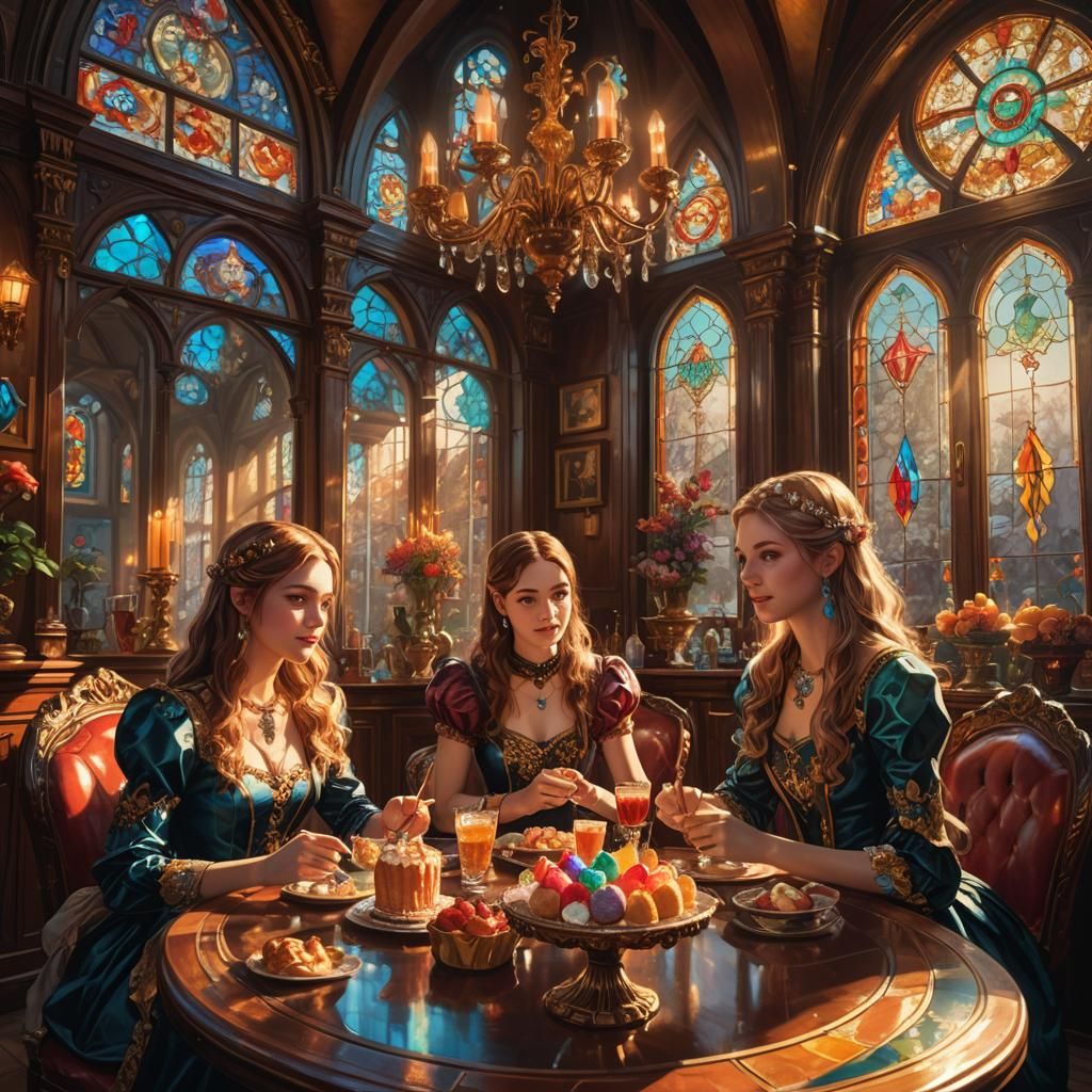 Girls Enjoying Feast in Ornate House: Digital Fantasy Art