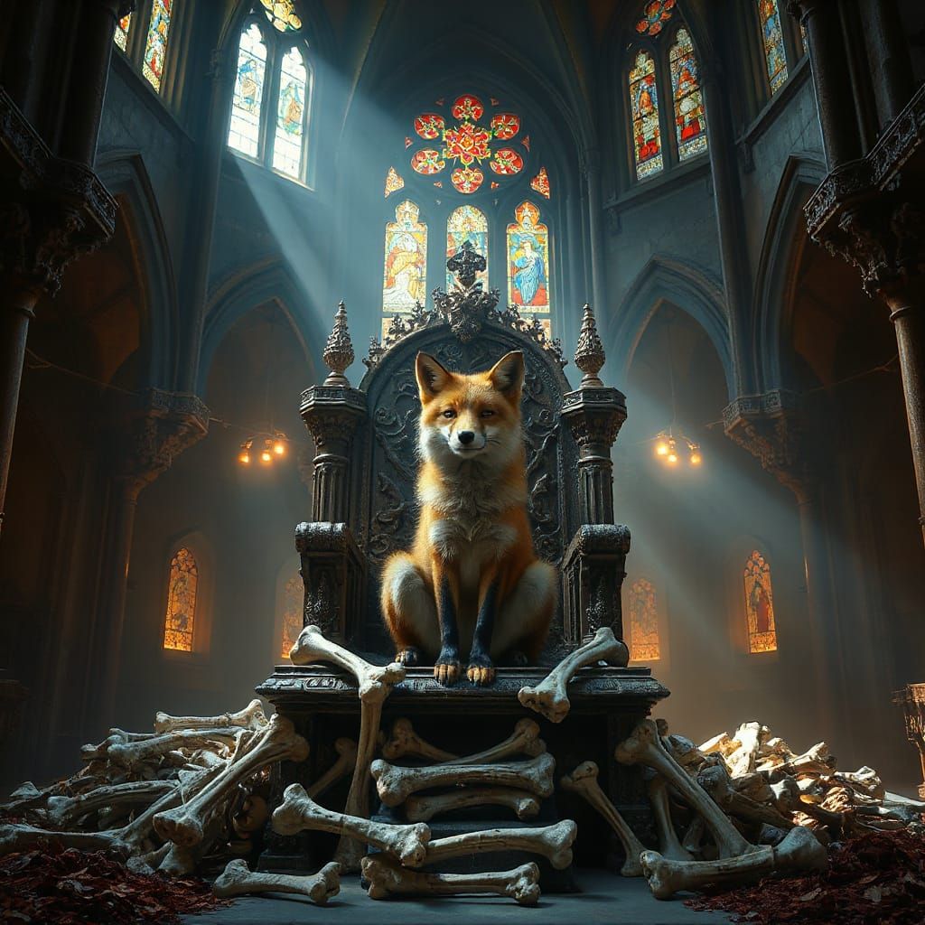 Fox on Bone Throne in Cathedral: Beksiński and Giger Style
