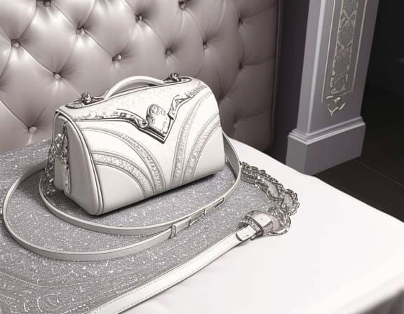 Elegant White & Silver Leather Handbag with Jeweled Patterns