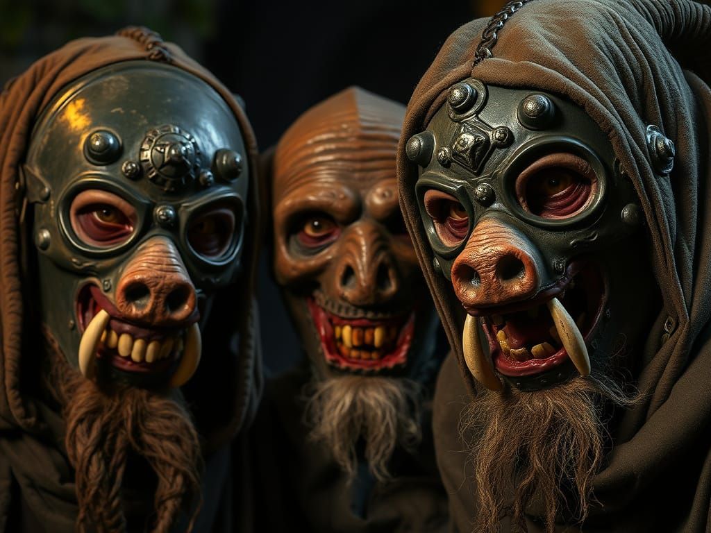a leper man and hunchbacks with creepy iron masks with  pig's nose  and rotten weird teeth, by night, middle ages,