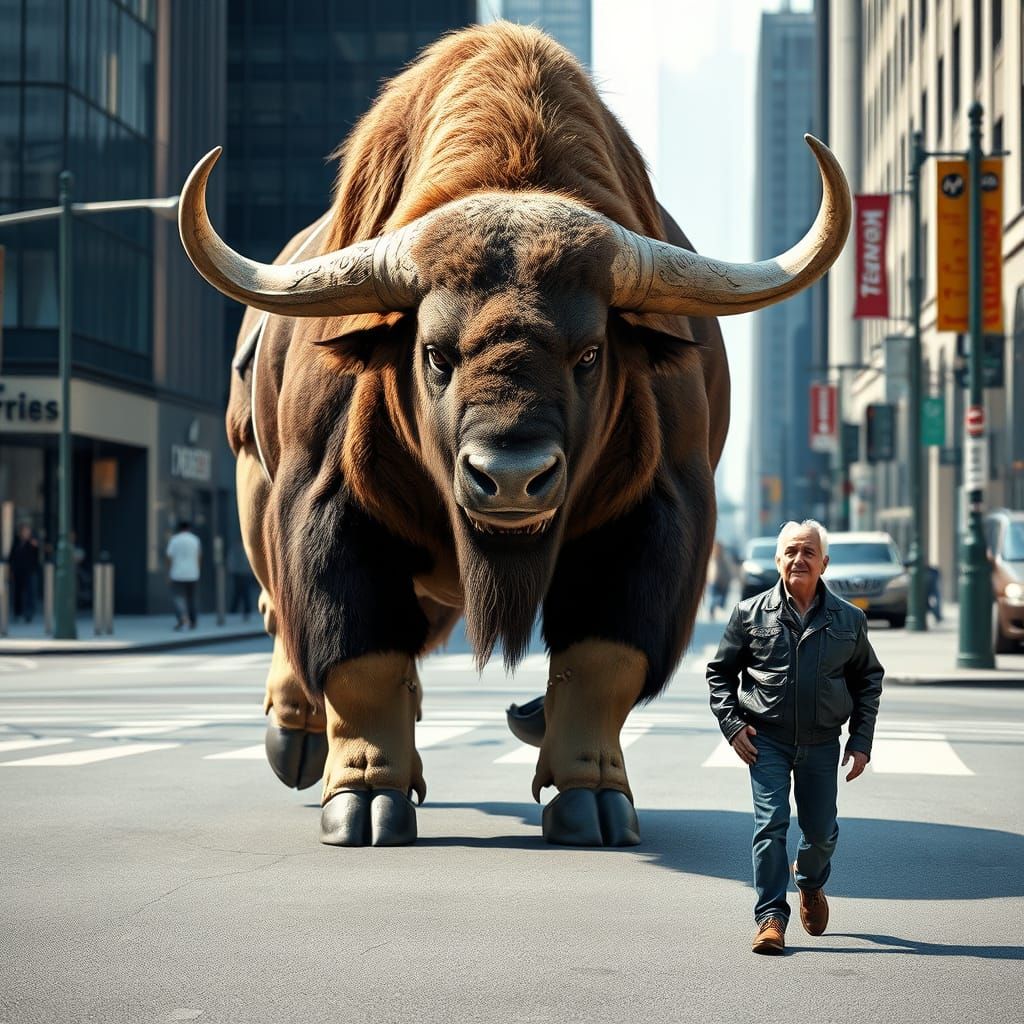 Colossal Bison Humanoid Strides Through Urban Landscape in U...