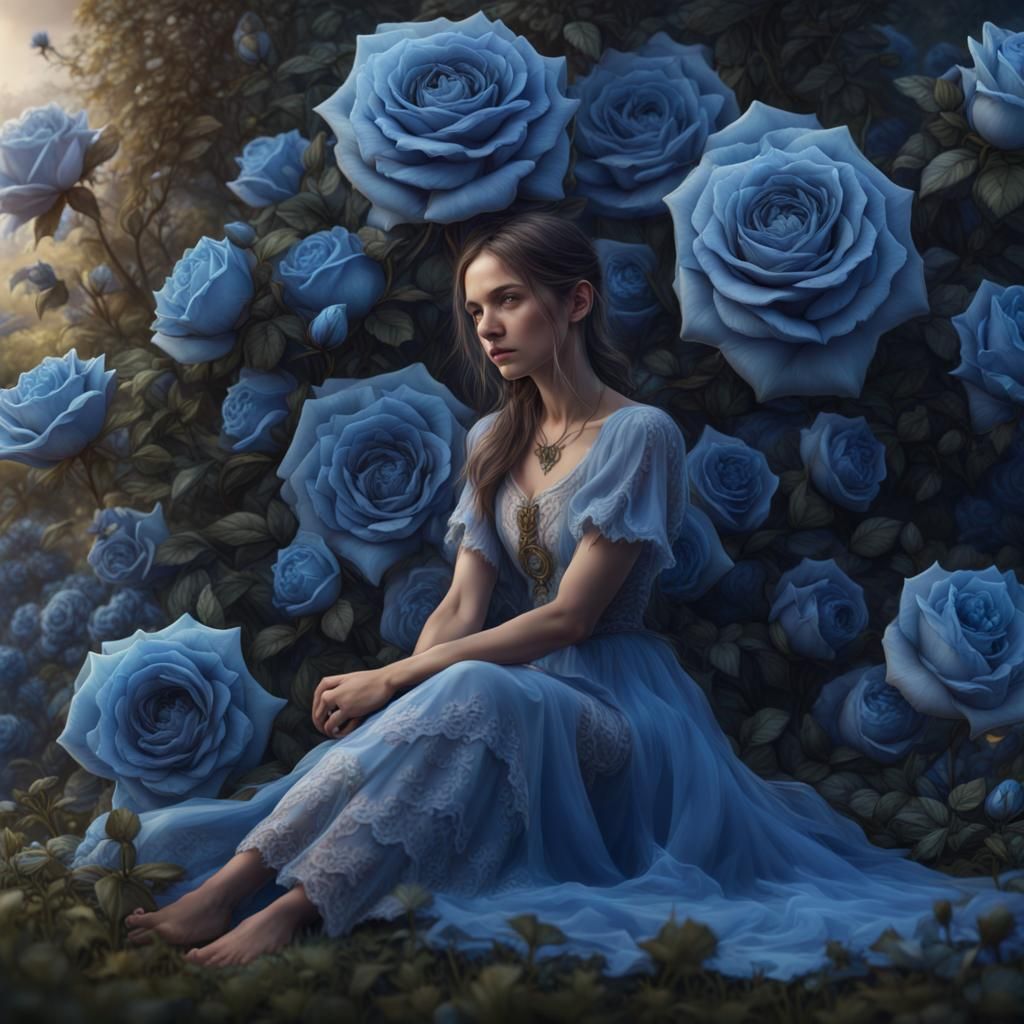 Girl in a Field of Blue Roses