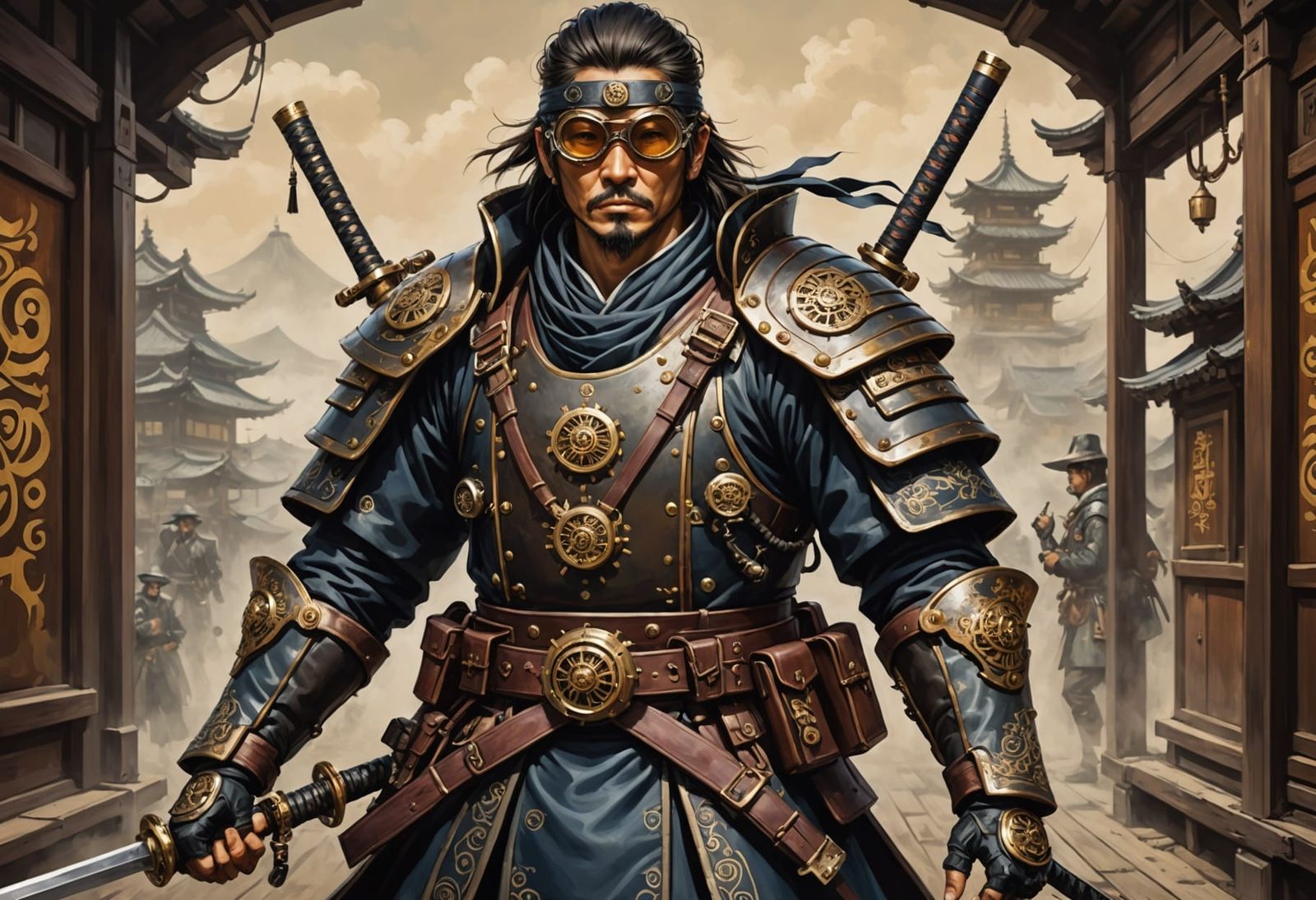 Steampunk Japanese Samurai in Oil Painting Style