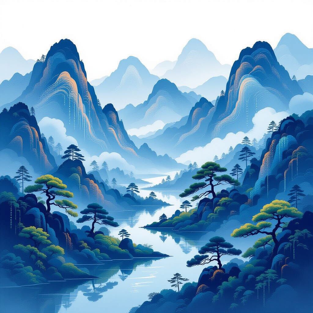 Digital Zen Garden in Japanese Ink Wash Style