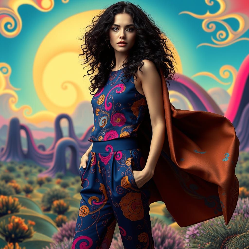 Ethereal Pre-Raphaelite Muse in Vibrant Surreal Landscape