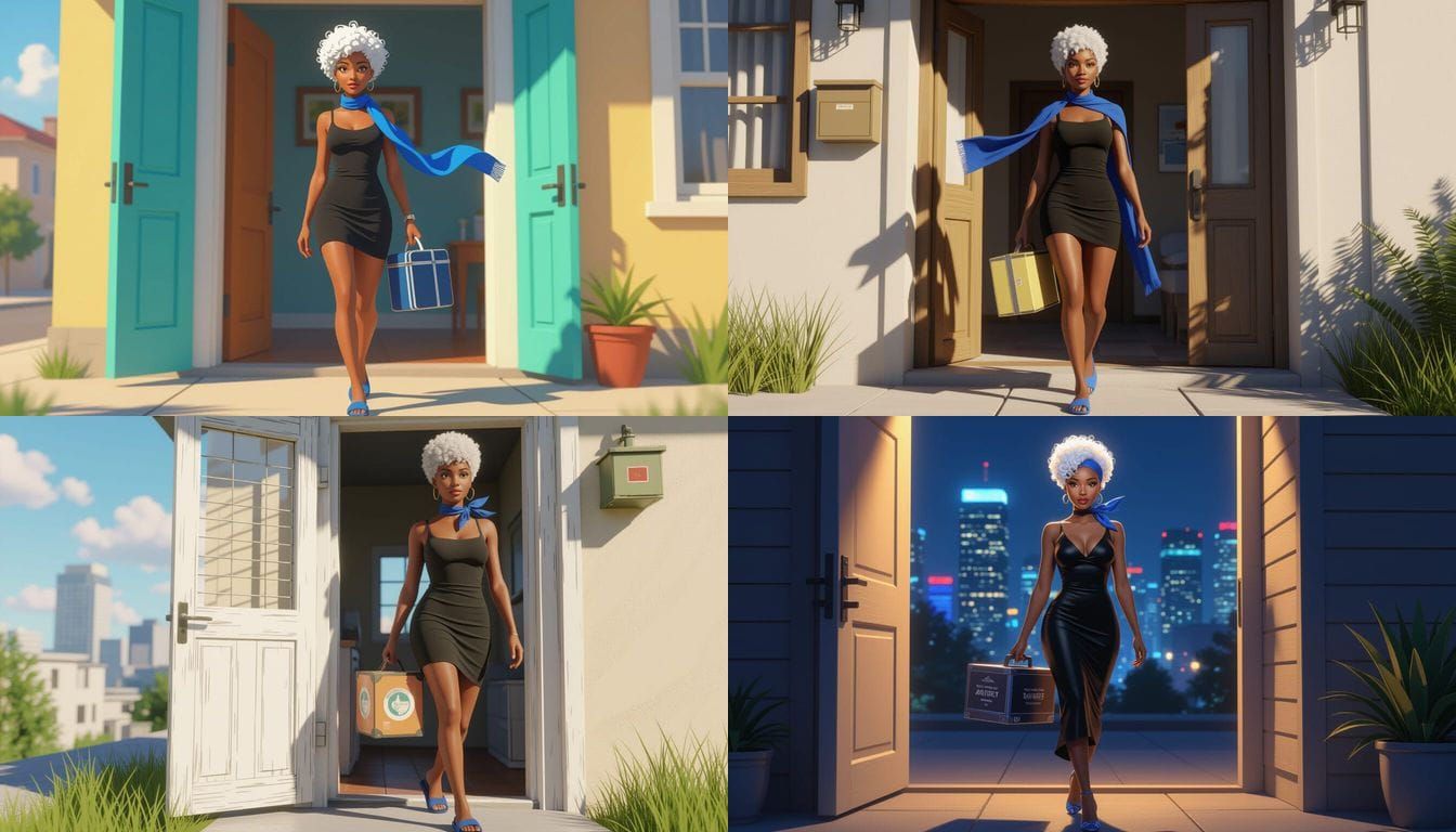 African Woman Walks From Poor Apartment To Bright City