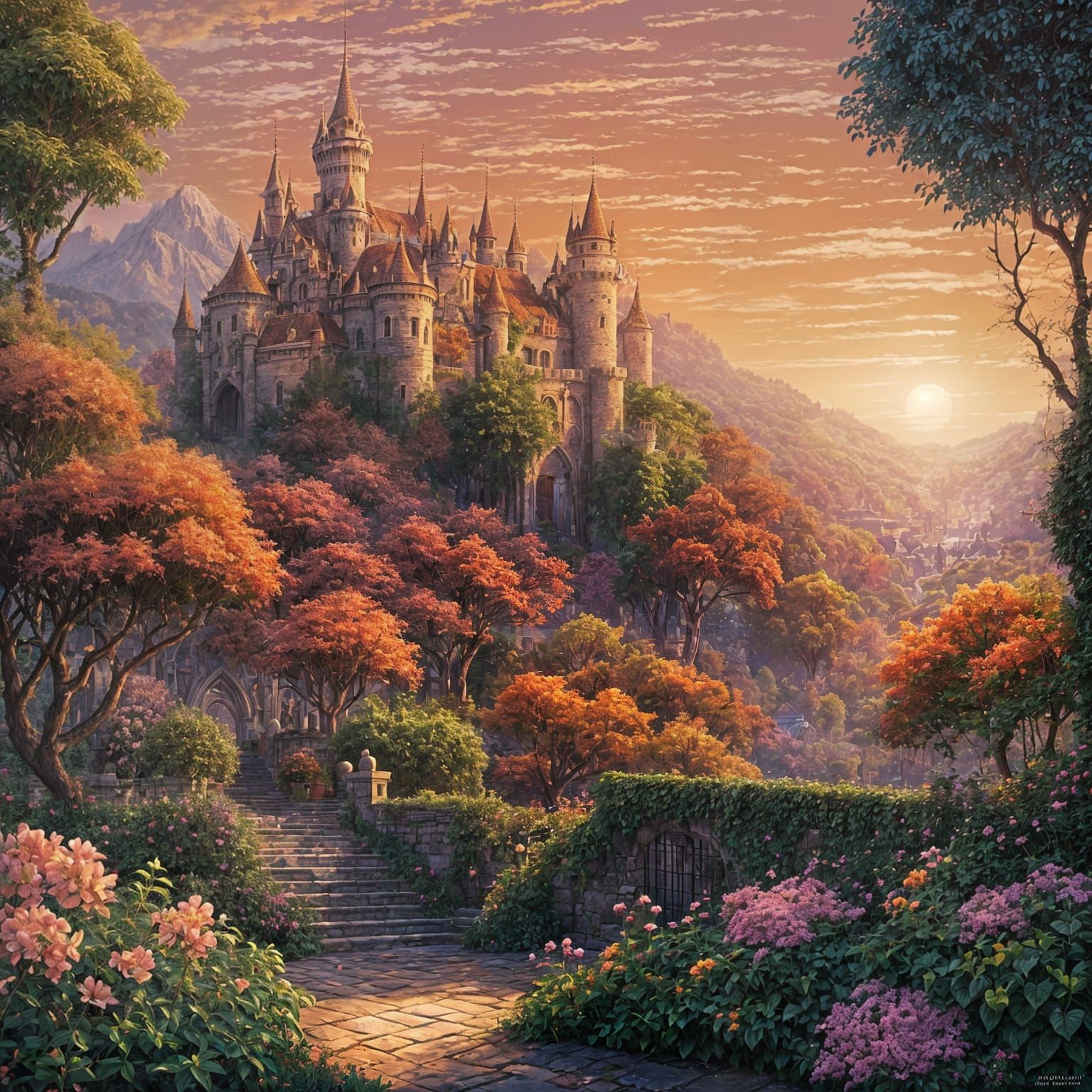 Pixel Art Terrace with Enchanted Castle at Sunset