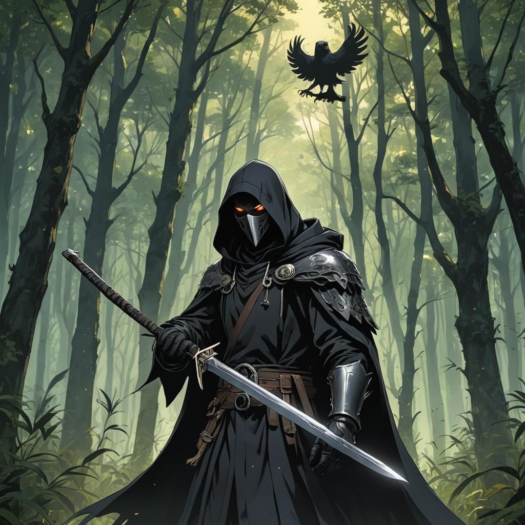 Hooded Crow Mask Figure in Lush Forest, Manga Style