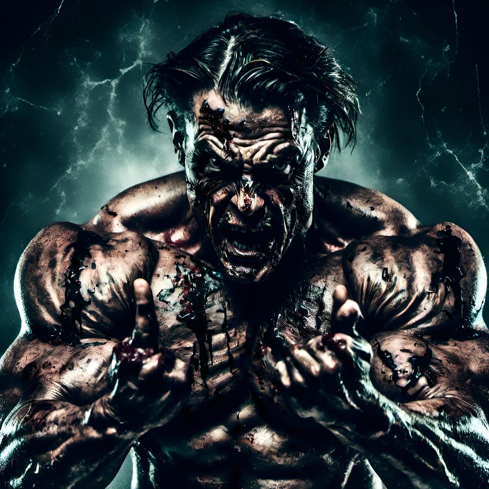 Scary Bodybuilder Flexing: Macabre Portrait