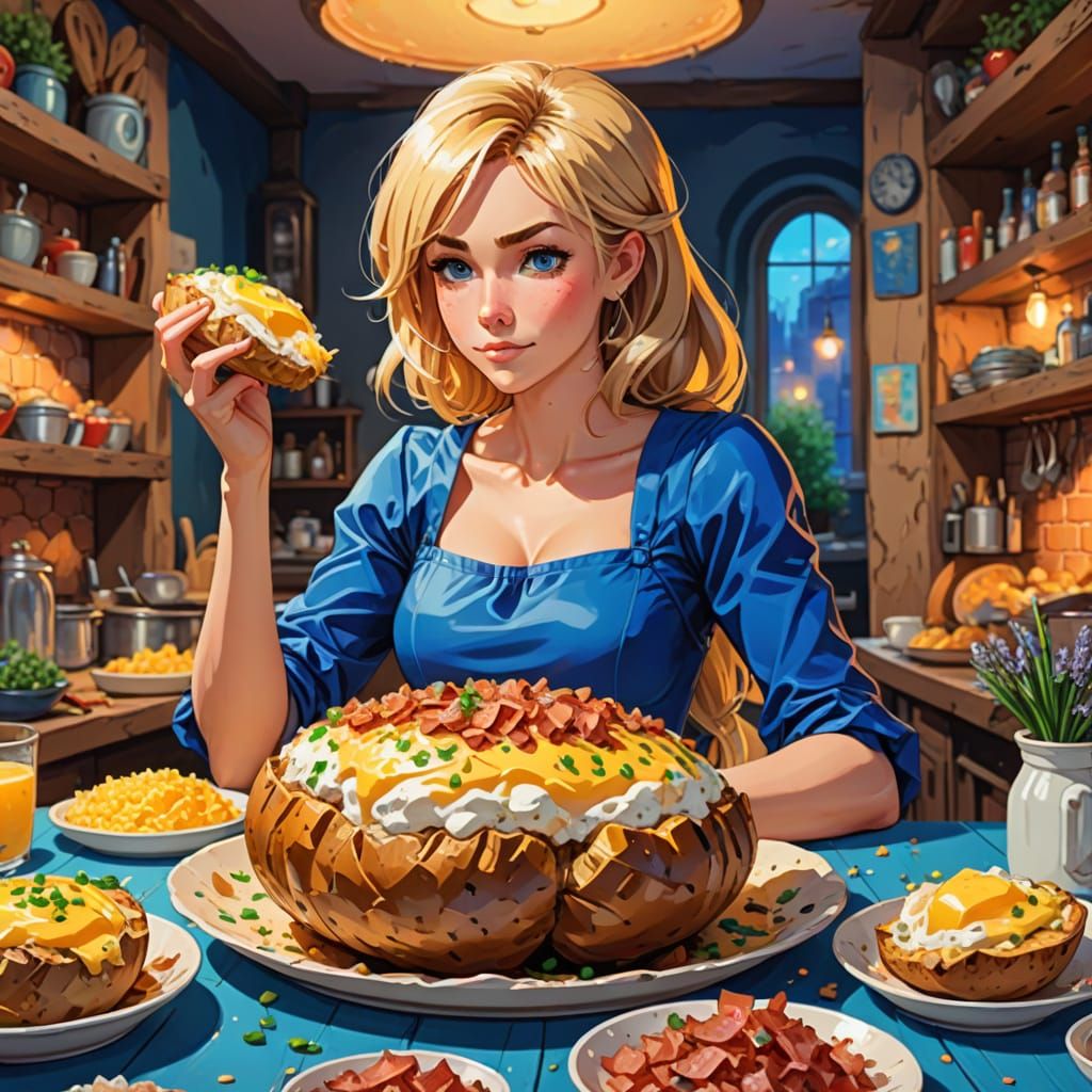 Surreal Blonde Goddess in a Majestic Baked Potato Realm
