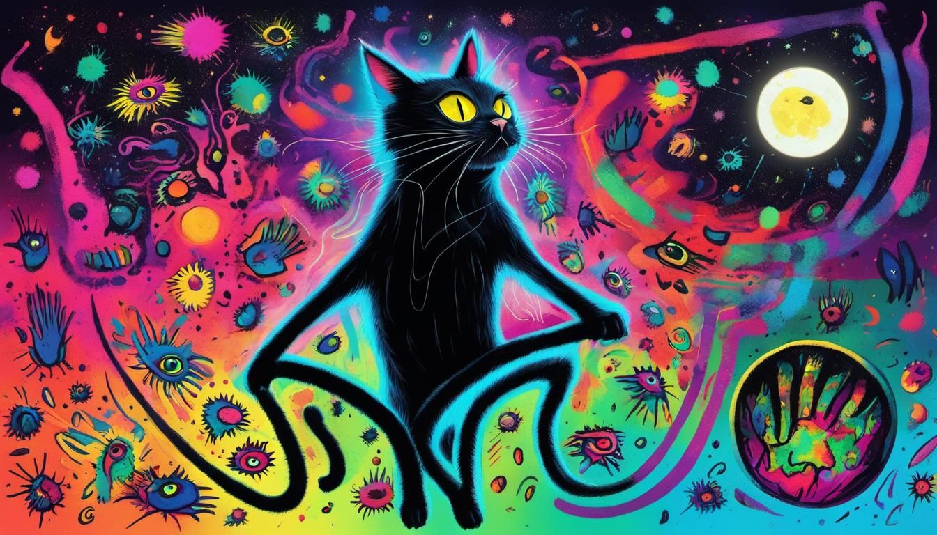 Funny Black Cat with Broken Mirror in Pop Art Style