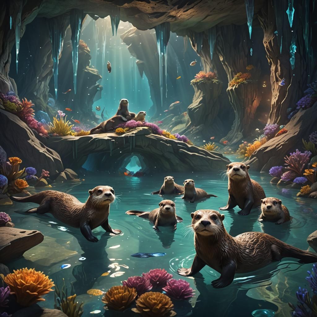 Otters Swimming in a Crystal Cavern: Fantasy Concept Art