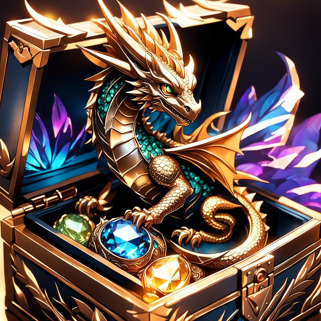 Baby Dragon in Jewelry Box: Vibrant Anime Illustration