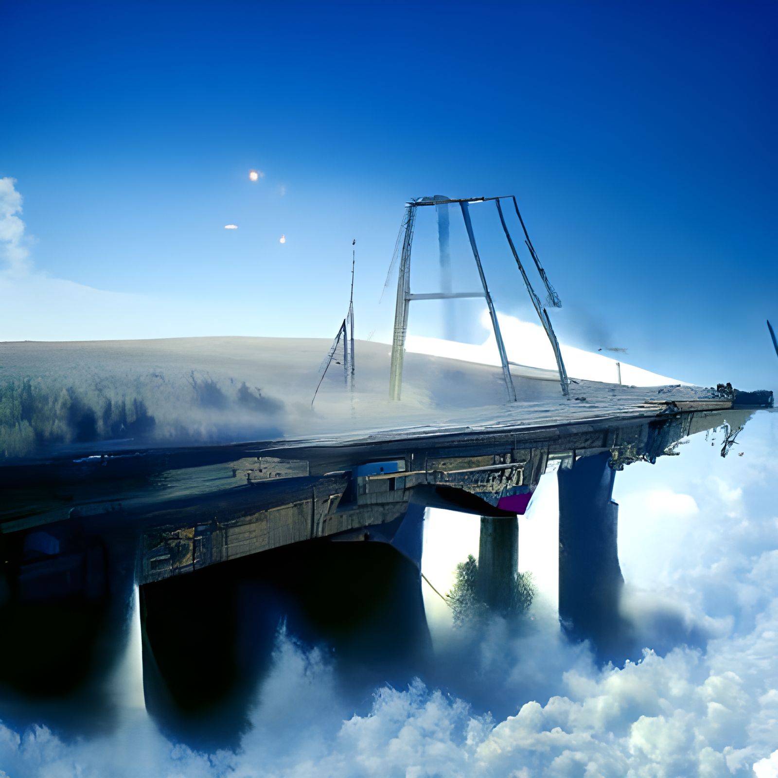 Bridge Vanishing into Mist with Space Backdrop