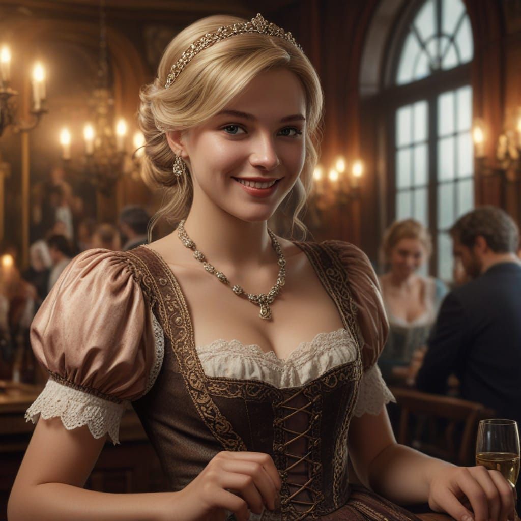 Victorian Era Dirndl Woman in Roman Taverne