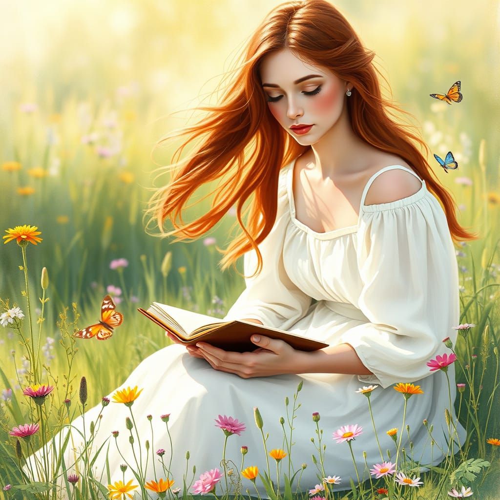 Woman Sketching in Meadow, Watercolor Style