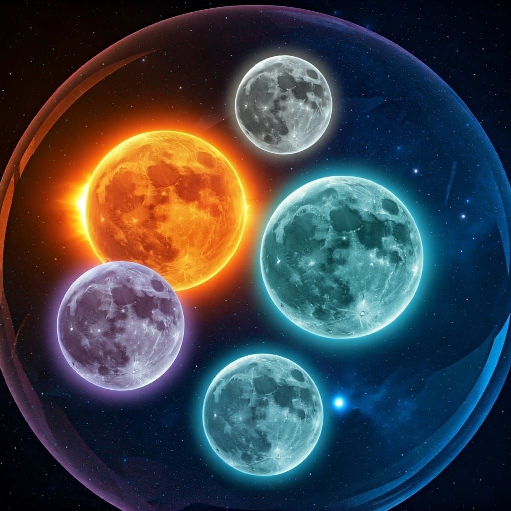 Celestial Orbs Radiating Seasonal Light in Cubist Style