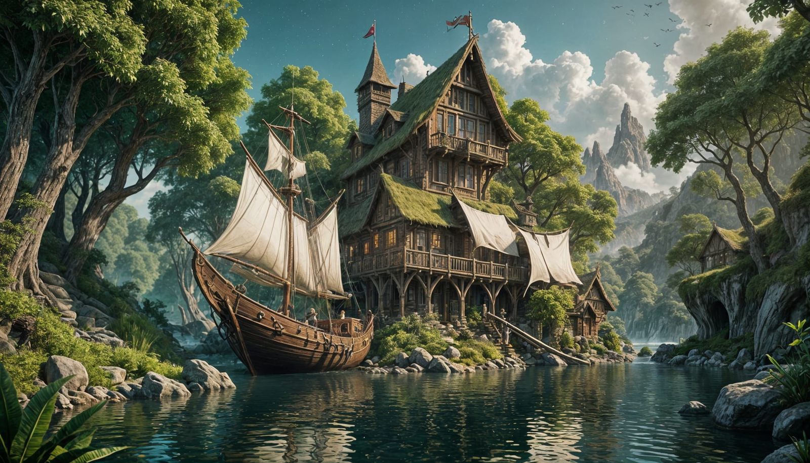 Elven Sailing Ship on Forest River, Detailed Matte Painting