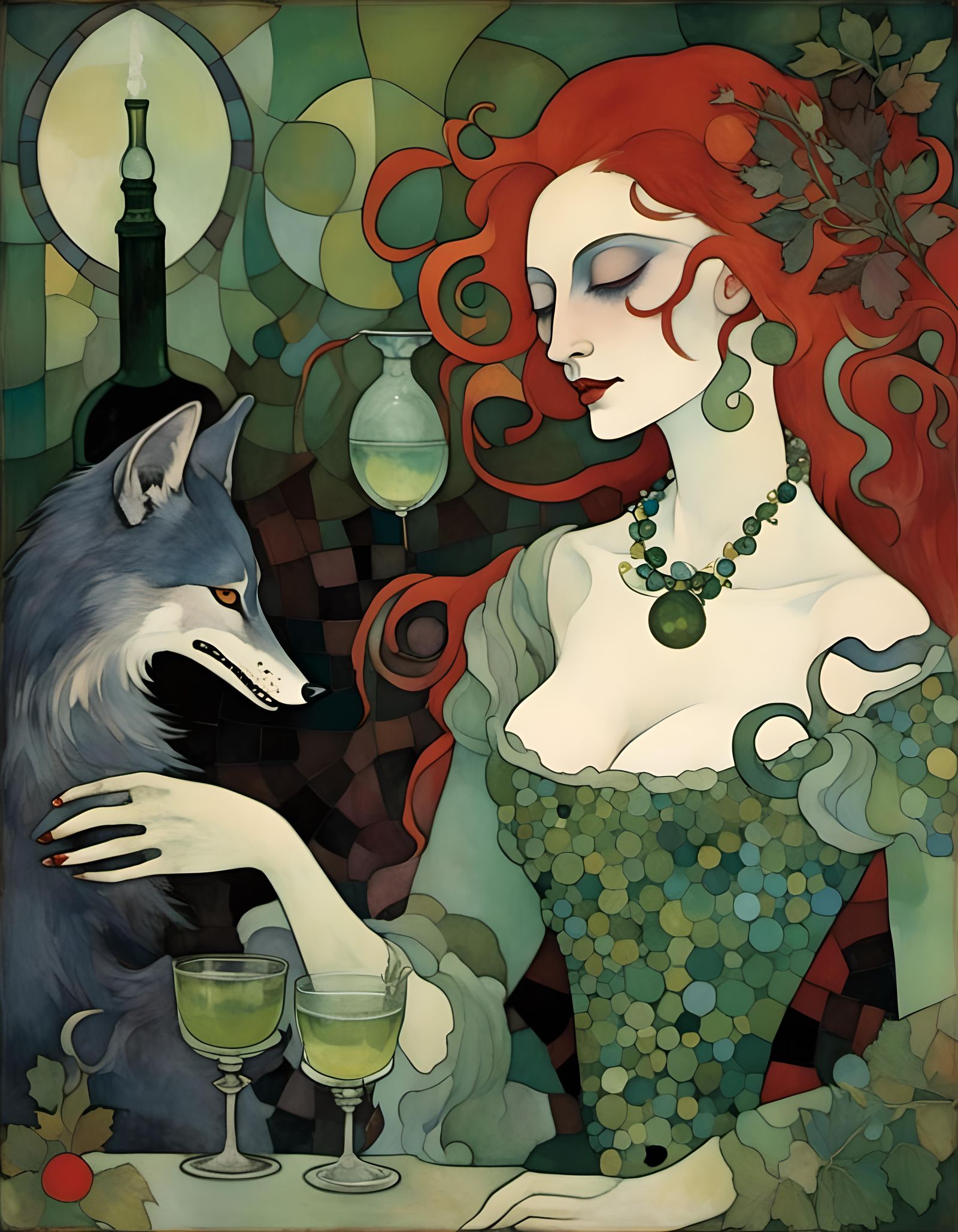 Gothic Vampire Woman with Absinthe and Wolves