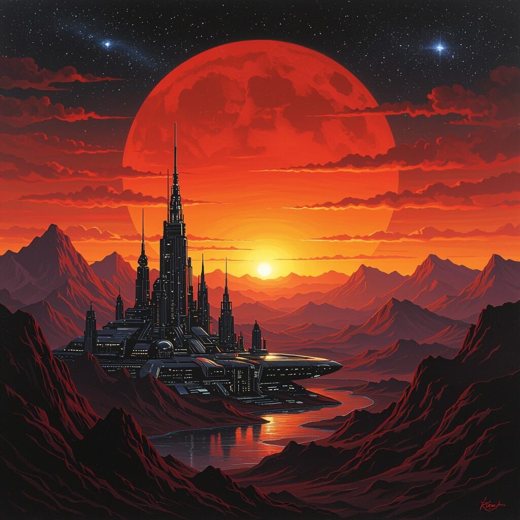 An encaustic style painting of a marsian space city nestled ...