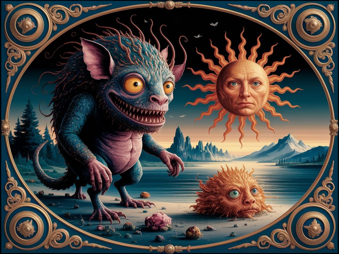 Surreal Gustav Klimt-Inspired Jabberwock in Ornate Golden Gl...