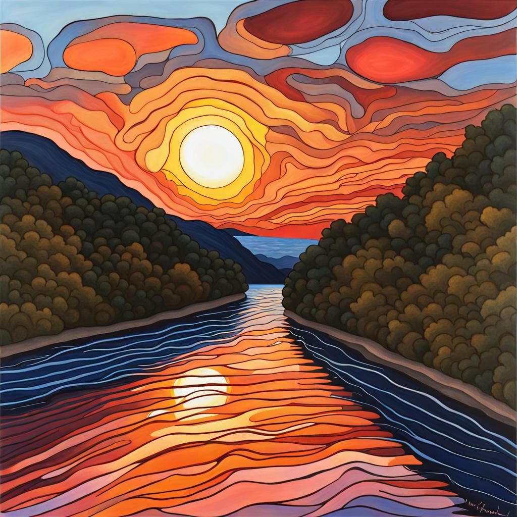 Neurographic Art: Sunset River Scene