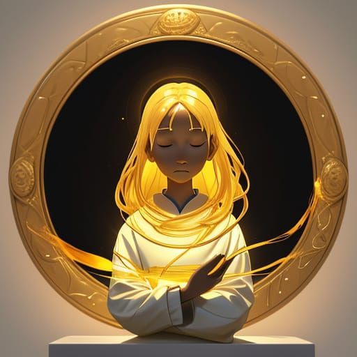 A contemplative portrait framed by a luminous golden circle, balancing warmth and restraint. The female figure appears c...