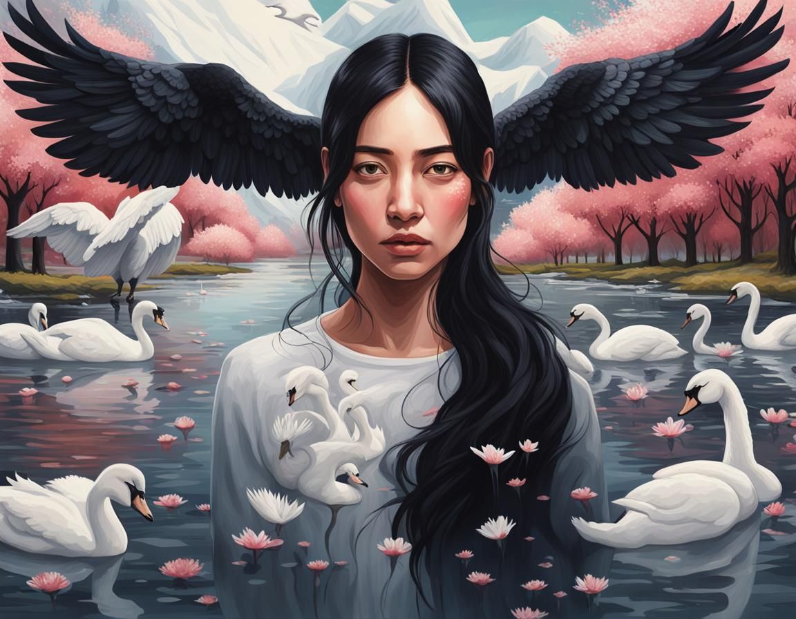 Woman with Black Wings and Swans: Hyperrealistic Art
