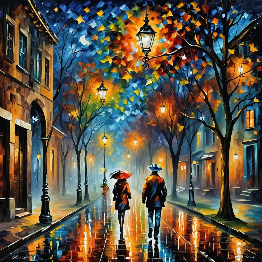 Cobblestone Street at Night as Impasto Oil Painting