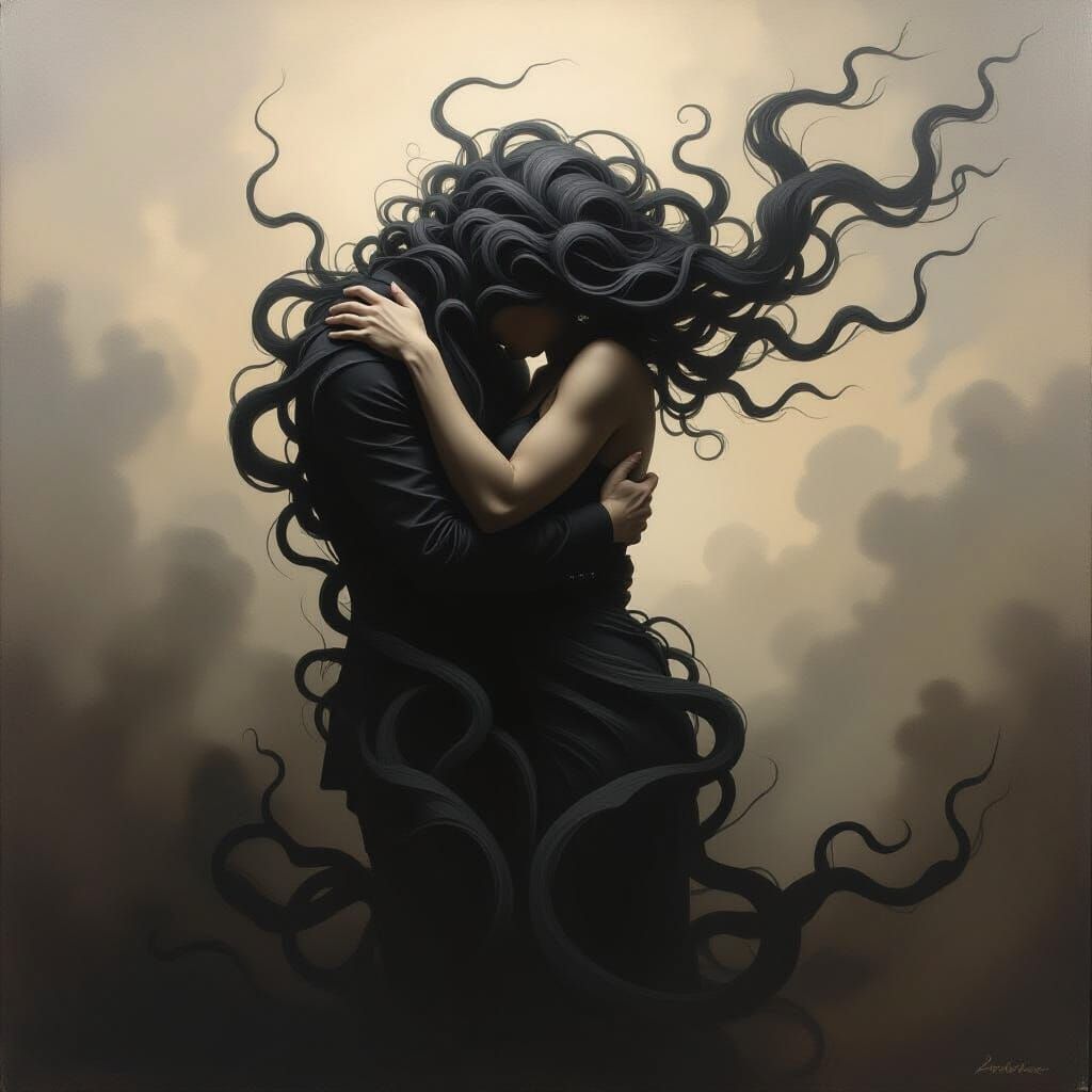Figure Embraced by Dark Tendrils in Chiaroscuro Style