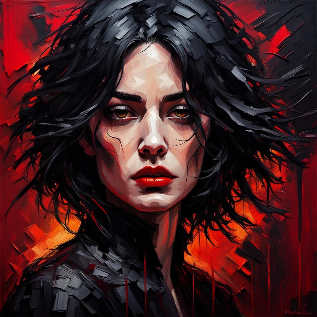 Enigmatic Woman in Red Light: Mixed Media Portrait