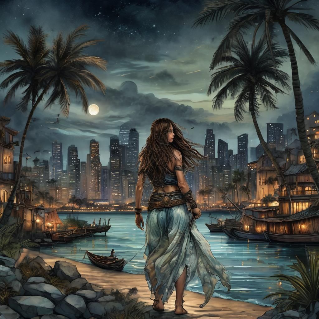 Fantasy Female Warrior at Night in Alcohol Ink Style