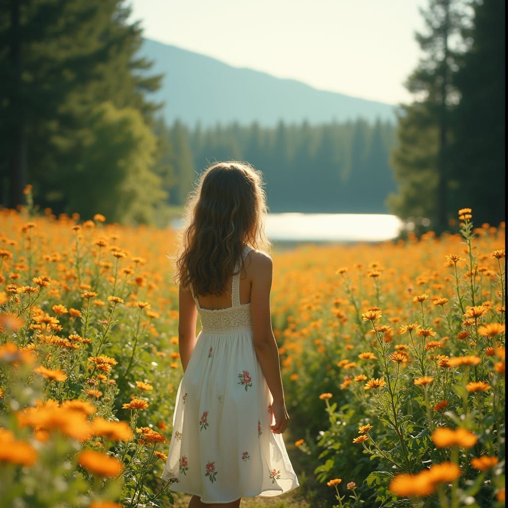 Girl in Flower Field, Cinematic Still