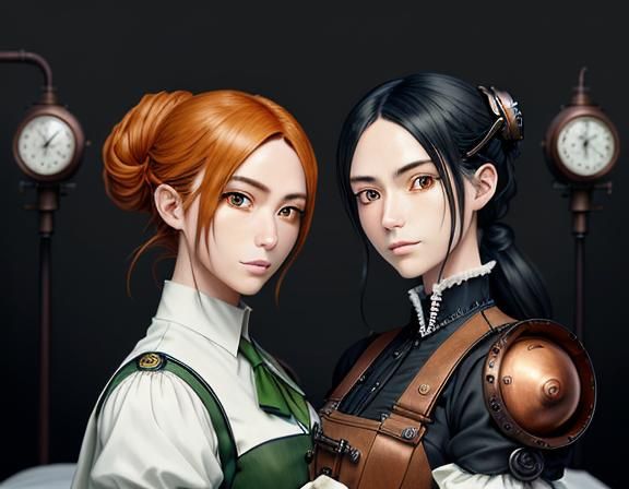 Steampunk Manga: Twin Sisters Kissing in Misty Light