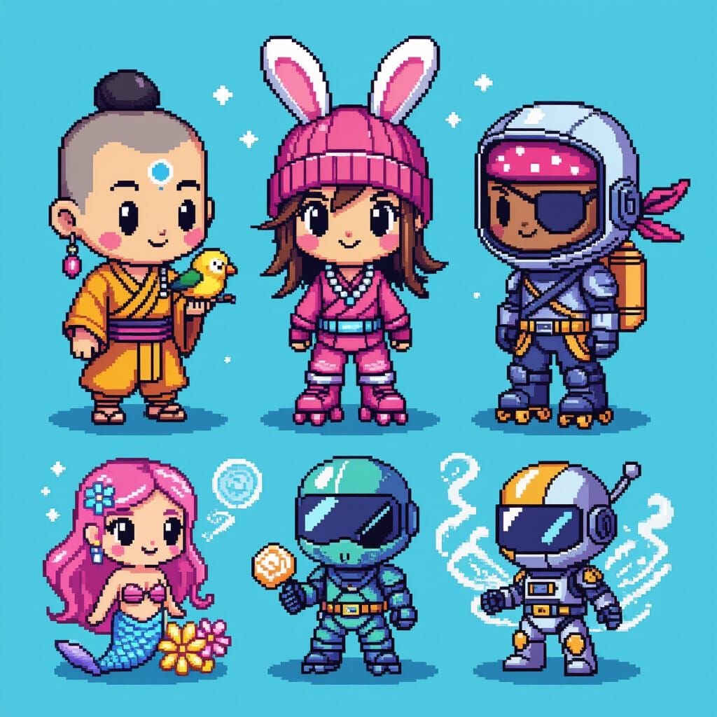 9 Chibi Characters in Vibrant 8-Bit Pixel Art Style