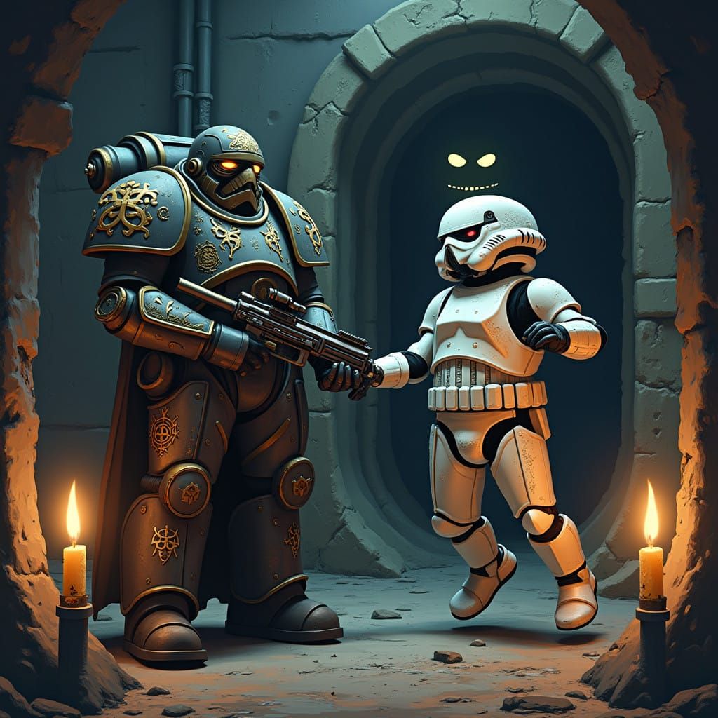 Space Marine Confronts Stormtrooper in Zero-Gravity Gothic N...