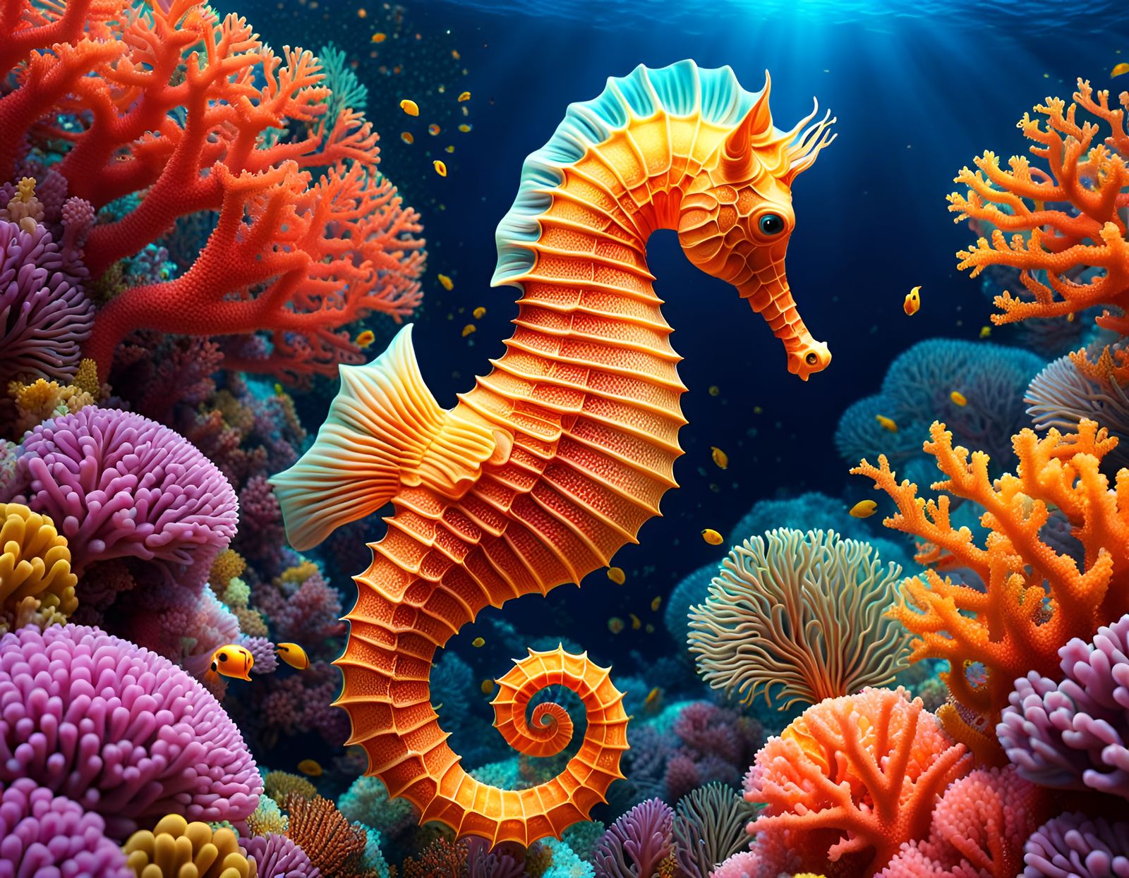 Giant Seahorse in Kaleidoscopic Coral Reef
