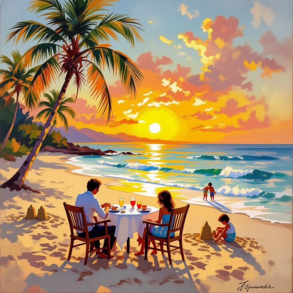 Romantic Beach Sunset Table for Two, Impressionistic Style