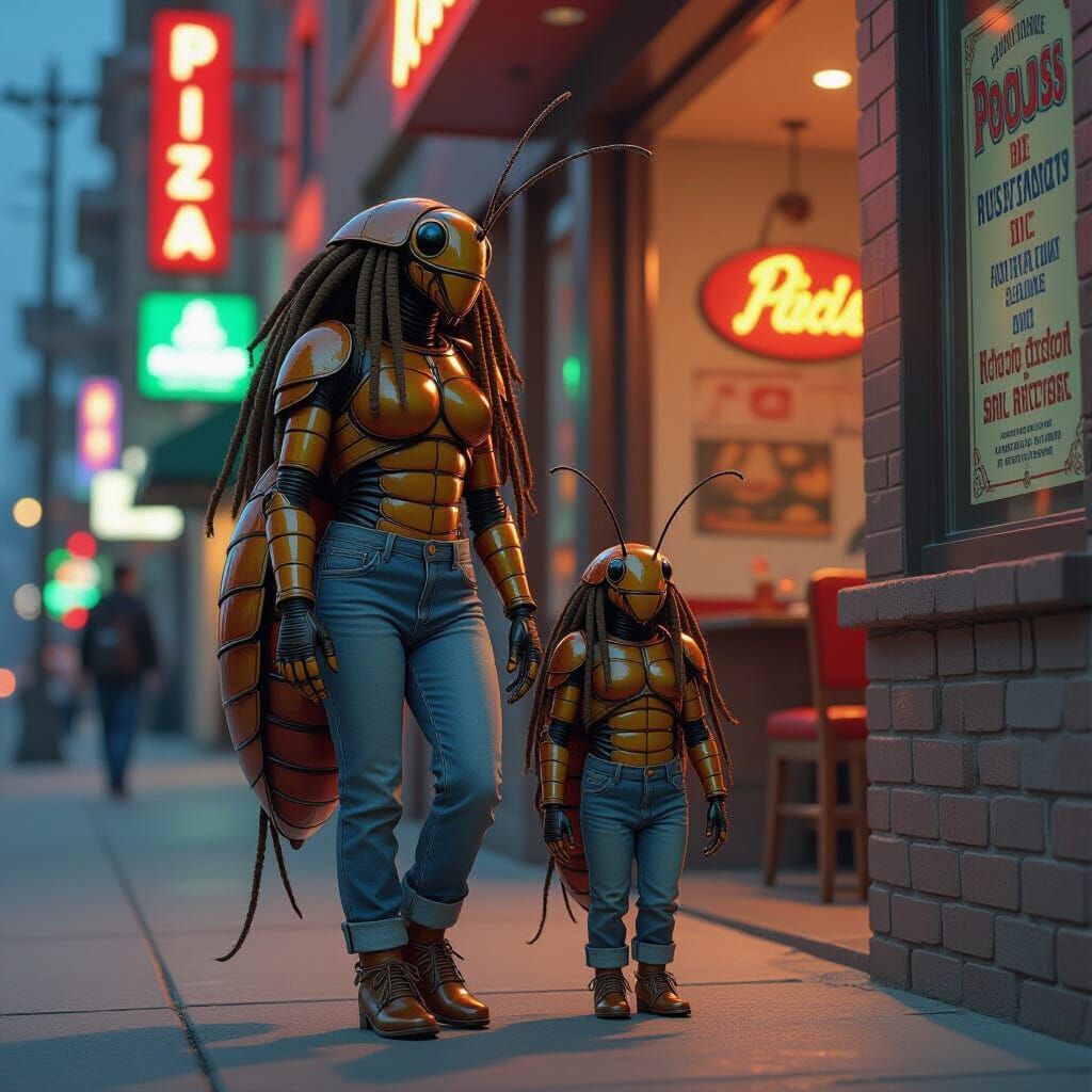 Humanoid Roaches on Hollywood Blvd in Hyperrealistic Style